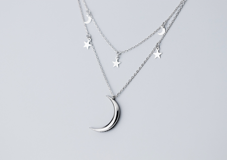 Ailuoqi S925 Silver Double Layer Star Moon Necklace
