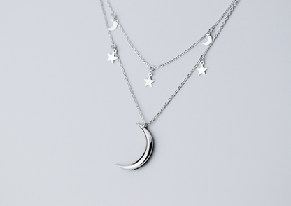 Ailuoqi S925 Silver Double Layer Star Moon Necklace