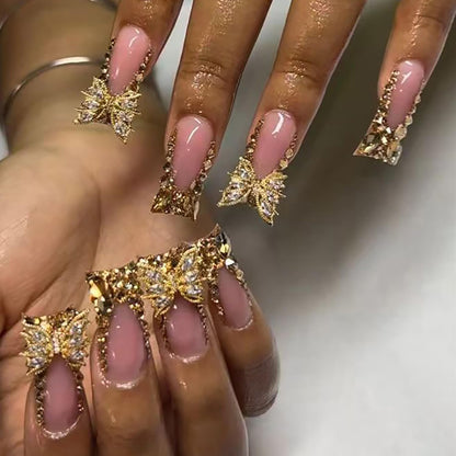Gold French Tip Press on Nails Medium Square Fake Nails with Luxury Butterfly Rhinestones Design French Full Cover Artificial Glue on Nails Sparkly False Nails Acrylic Stick on Nails for Women 24Pcs