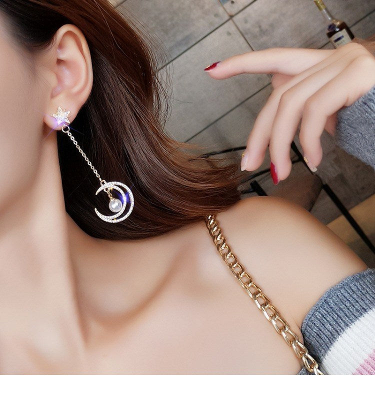 S925 Silver Asymmetrical Star and Moon Long Earrings