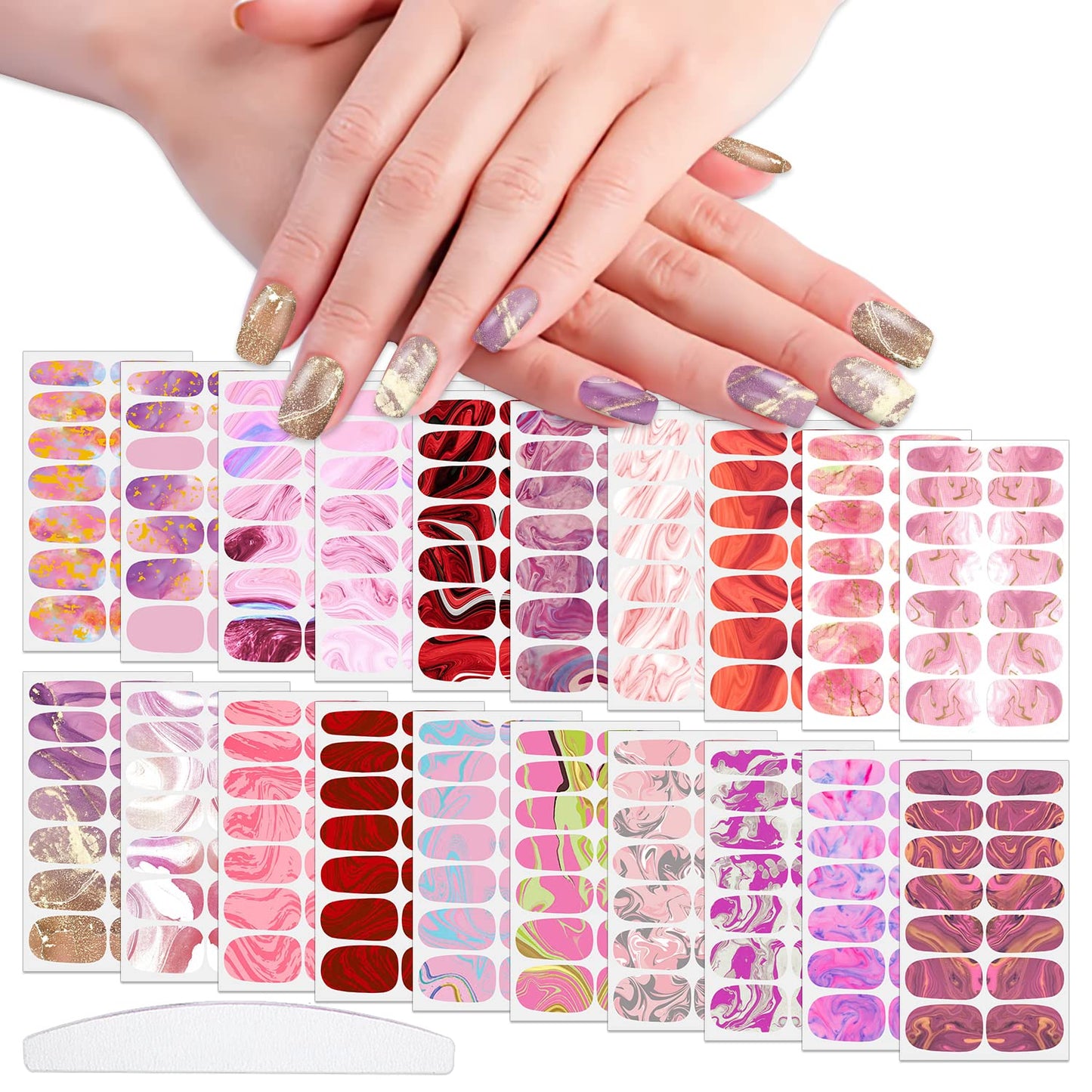 WOKOTO 20 Sheets Pink Marble Designs Nail Polish Strips Gradient Nail Stickers Gel Nail Strips for Women Nail Polish Stickers Full Nail Wraps for Nails Art Self Adhesive Stickers with Nail File