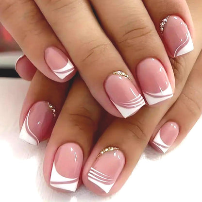 OHWODA Short Square Press on Nails French Acrylic Fake Nails White Tips Design Full Cover Glossy Glue on Nails Artificial Stick on Nails with Rhinestones Cute Nails Press ons for Women - 24Pcs