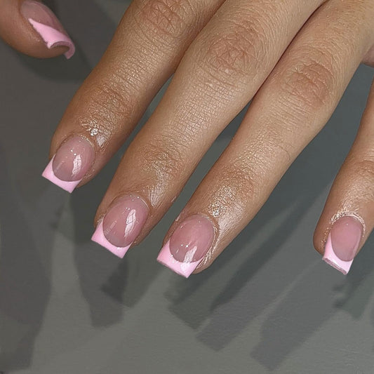30Pcs Pink French Tip Press on Nails Short Square Nails Press ons Short Fake Nails Coffin Acrylic Nails French Glue on Nails Short False Nails for Women Natural French Short Gel Nails 15 Sizes
