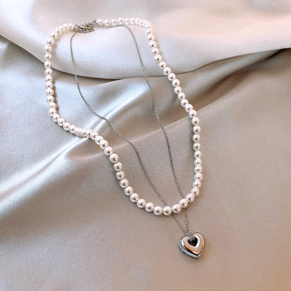 Double Layer Pearl Heart Necklace for Women