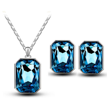 Crystal Pendant Rectangular Bride Necklace & Earring Set
