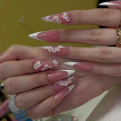 Long Stiletto Press on Nails Flower Fake Nails Pink Nails Press ons with Designs White French Tip False Nails Acrylic Nails Full Cover Glue on Nails Stick on Nails for Women Nail Decorations 24 Pcs