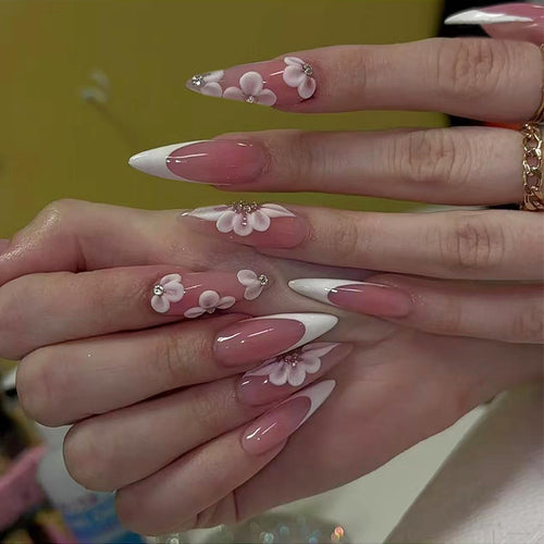 Long Stiletto Press on Nails Flower Fake Nails Pink Nails Press ons with Designs White French Tip False Nails Acrylic Nails Full Cover Glue on Nails Stick on Nails for Women Nail Decorations 24 Pcs