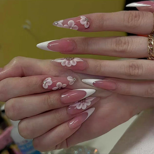 Long Stiletto Press on Nails Flower Fake Nails Pink Nails Press ons with Designs White French Tip False Nails Acrylic Nails Full Cover Glue on Nails Stick on Nails for Women Nail Decorations 24 Pcs