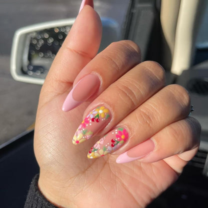 24Pcs Pink French Tip Press on Nails Medium Almond Fake Nails Spring Flowers Full Cover Designs Acrylic Nails Nude Pink Glue on Nails Glossy Stiletto Artificial False Nails Stick on Nails for Women
