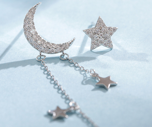 Star and Moon Asymmetric S925 Silver Earrings