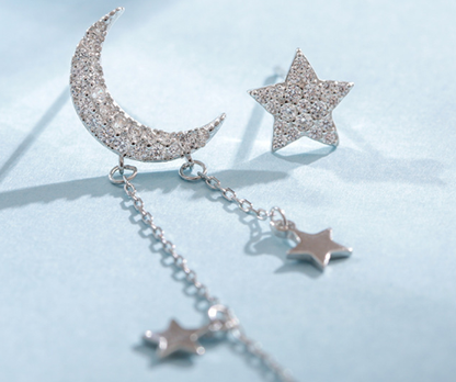 Star and Moon Asymmetric S925 Silver Earrings
