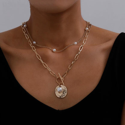 Double Layer Pearl Chain Necklace with Alloy Pendant