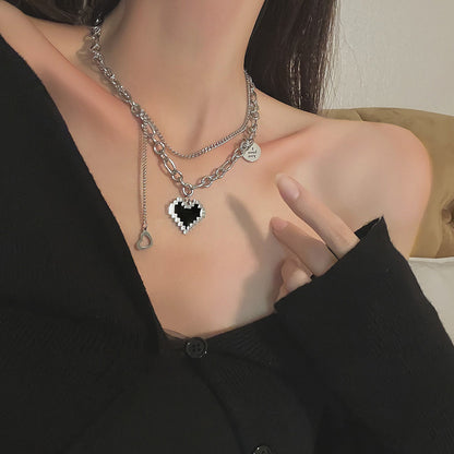 Heart-Shaped Punk Pendant Necklace with Double Layer Chain