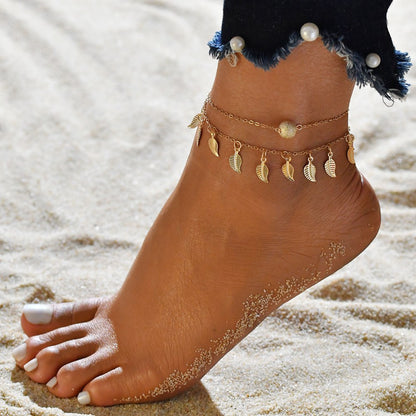 Summer Cool Beaded Leaf Tassel Anklet Double Layer
