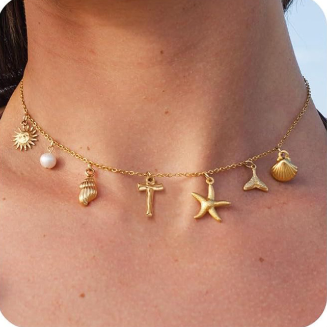 26 Bamboo Letter Necklace - Starfish, Shell & Conch Design