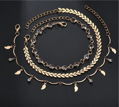 Three-Piece Beaded Leaf Arrow Anklet Set