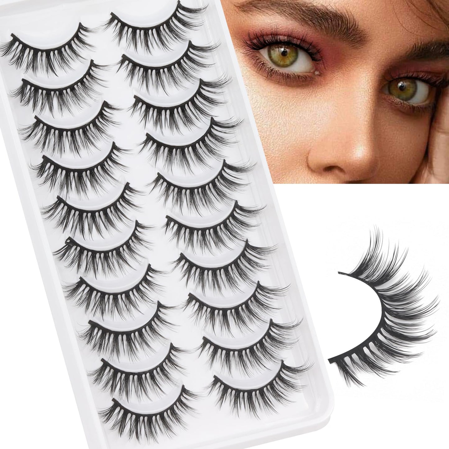 Veleasha Natural Lashes Wispy Eyelashes Lightweight 10 Pairs 10-14mm Cotton Band False Eyelashes Soft Cat Eye Lashes 100% Handmade Faux Mink Fake Eyelashes (G2)