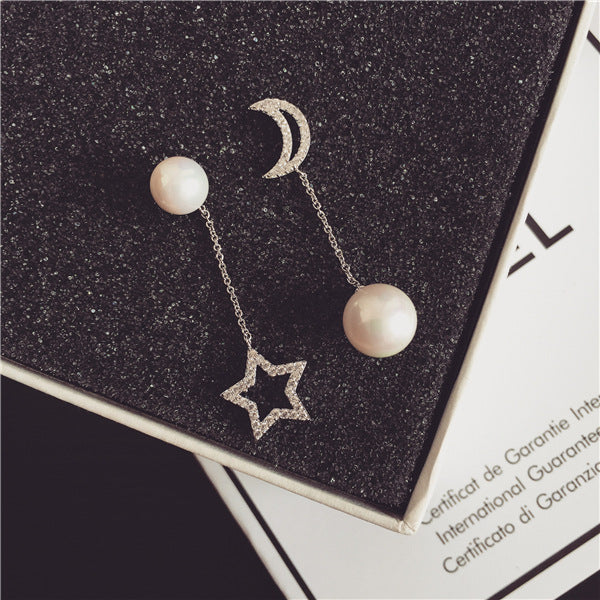 S925 Silver Asymmetric Star Moon Pearl Stud Earrings