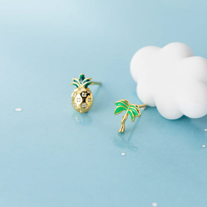 S925 Silver Korean Style Asymmetric Pineapple Earrings