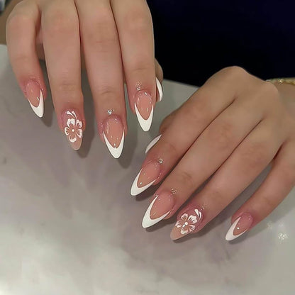 RikView Almond Press on Nails Medium Fake Nails French Tips Nails White Nails Glossy Stick on Nails Full Cover Nails for Women 24 PCS
