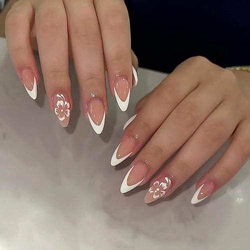 RikView Almond Press on Nails Medium Fake Nails French Tips Nails White Nails Glossy Stick on Nails Full Cover Nails for Women 24 PCS