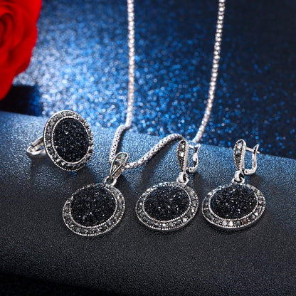 Fashionable Black Jewelry Set: Ring, Necklace, Earrings