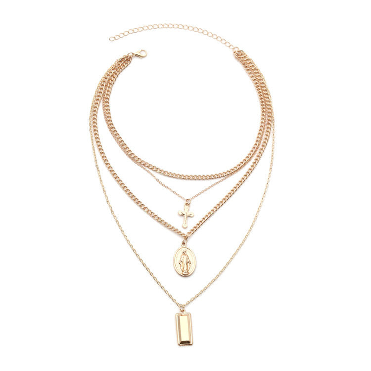Vintage Layered Cross Pendant Necklace with Charms