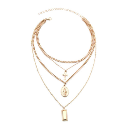 Vintage Layered Cross Pendant Necklace with Charms