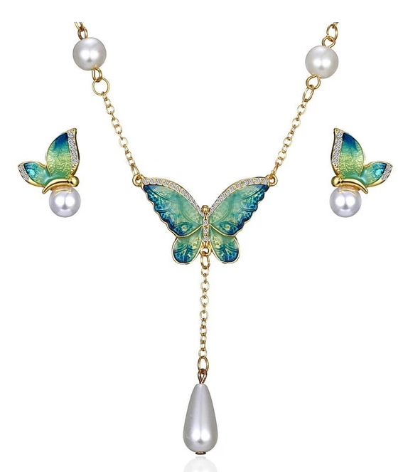 Butterfly Earring and Necklace Pendant Set with Pearls