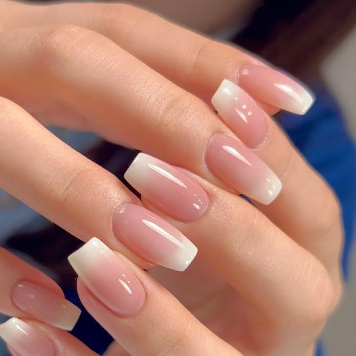 Ombre Press on Nails Medium Square Fake Nails with Pink and White Gradient Designs Acrylic Nails Press ons Full Cover Stick on Nails Glossy Coffin Artificial False Nails Glue on Nails for Women 24PCS