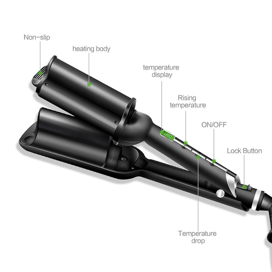 Deep U-Shaped Water Ripple Curling Iron with LCD Display