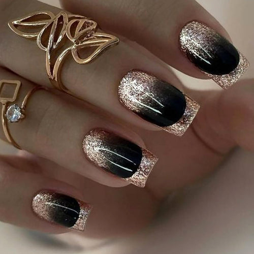 Press on Nails Medium Black Gold French False Nails Square Nails Full Cover Glossy Reusable Coffin Nails Artificial Acrylic Nails Natural Fit Fake Nails Glue on Nails for Women 24Pcs