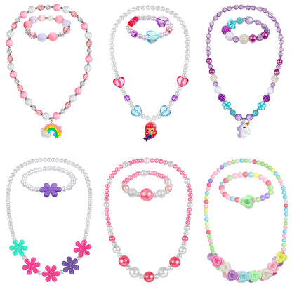 Sumind 6 Sets Play Jewelry for Little Girls Princess Necklace Bracelet Set Includes Kid Beaded Necklace Bracelet for Toddler Christmas Birthday Party Favors Cosplay(Mermaid Rainbow Style)
