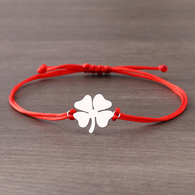 Lucky Four Leaf Clover Stainless Steel Bracelet in Black/Red