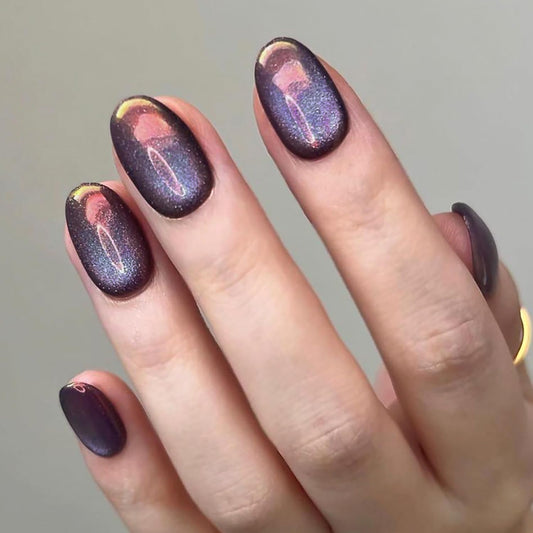 Press on Nails Short Oval False Nails Cat Eye Fake Nails Plating Artificial Nails Fashion Charm Nails Artificial Acrylic Nails 24Pcs Full Cover Glossy Reusable Coffin Nails Glue on Nails for Women