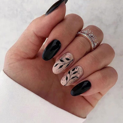 Medium Press on Nails Black Fake Nails Oval Acrylic Nails Leaves False Nails with Designs Glossy Artificial Nails Spring Stick on Nails for Women 24PCS