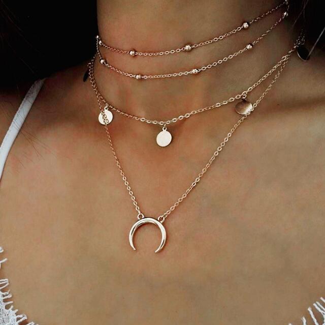 Multi-Layer Beaded Choker Necklace with Moon Pendant