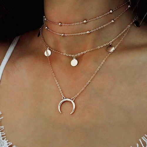 Multi-Layer Beaded Choker Necklace with Moon Pendant