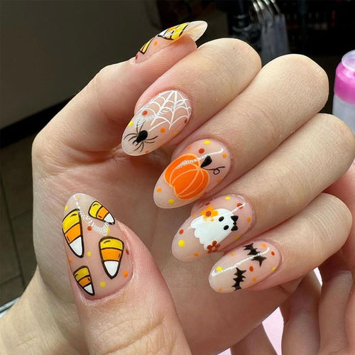 Halloween Press on Nails Medium Almond Halloween Fake Nails with Cute Ghost Spider Designs Full Cover Glue on Nails Pumpkin Bat Halloween Acrylic False Nails for Women Girls DIY Manicure Salon 24Pcs