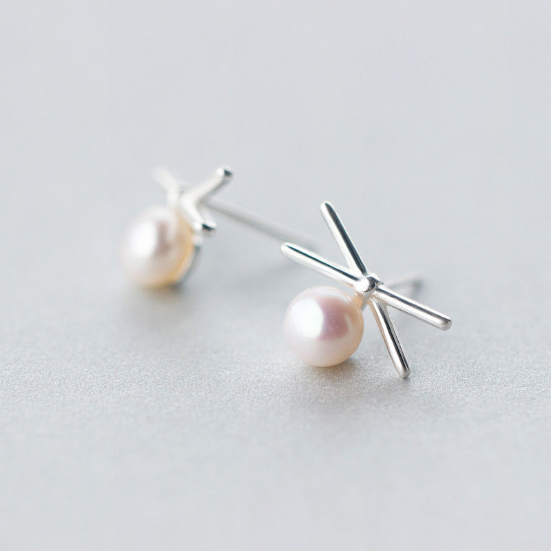 S925 Silver Pearl Cross Line Earrings for Women