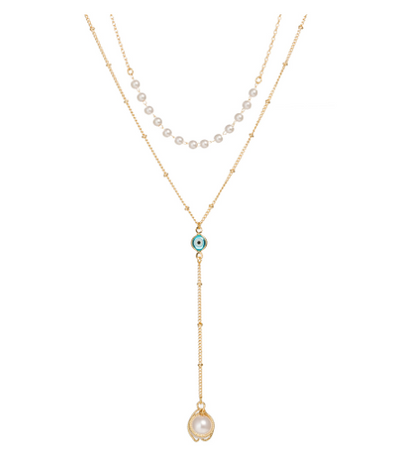 Metal Layered Necklace with Roman Pendant and Pearls