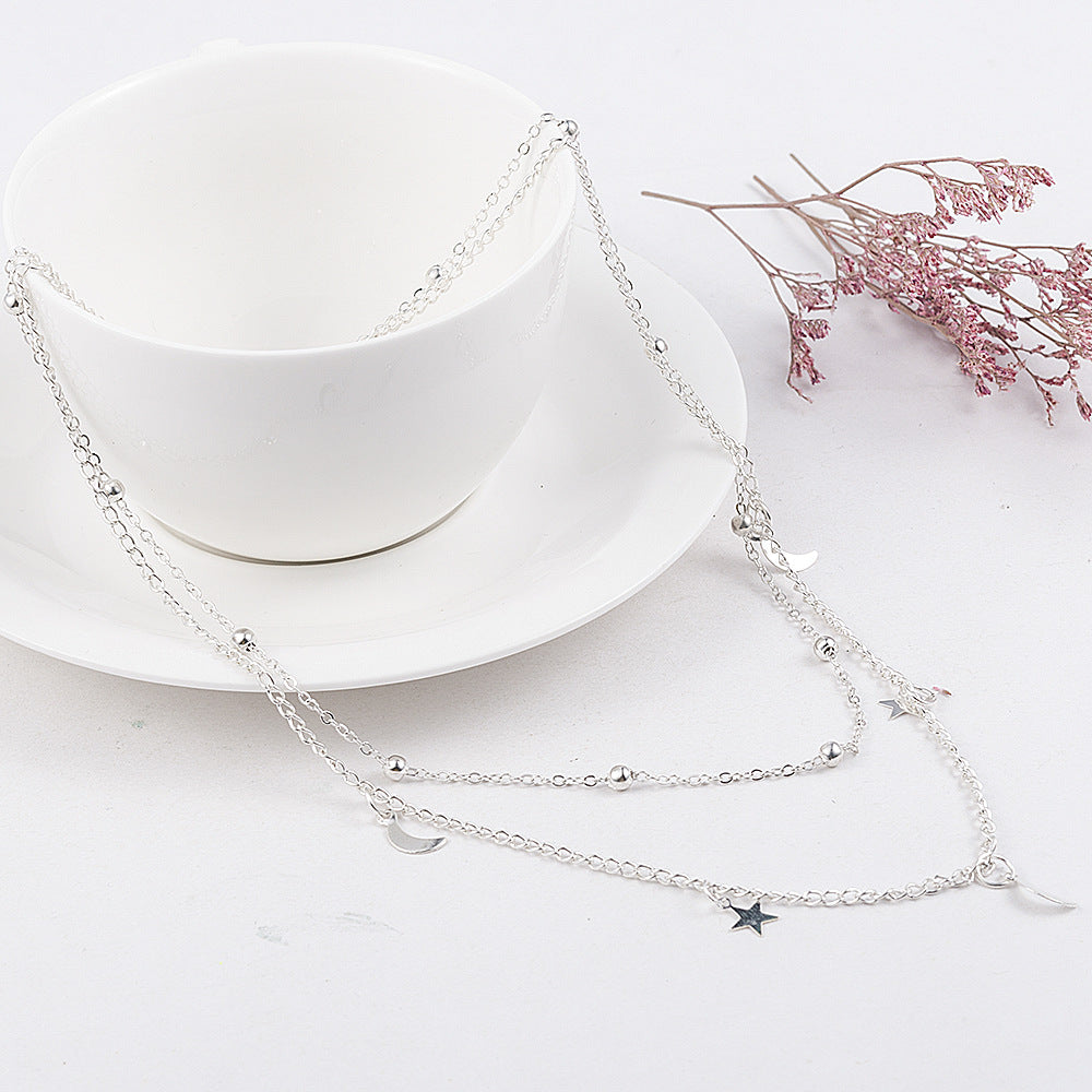 Double Layer Moon Star Beaded Choker Necklace