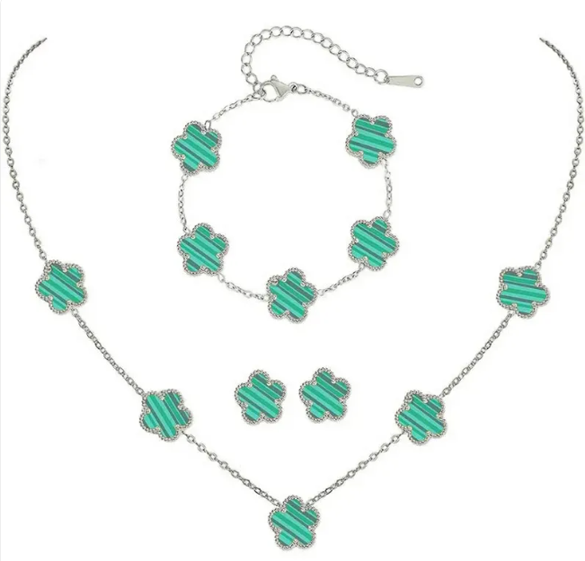 Elegant Five-Leaf Flower Jewelry Set – Titanium Steel Bracelet, Necklace & Stud Earrings