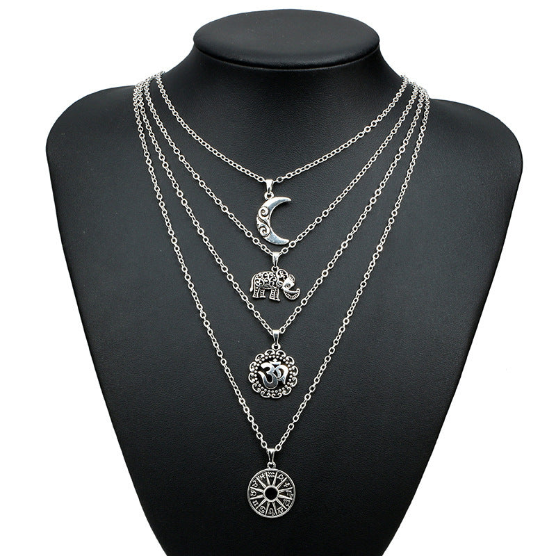 Vintage Bohemian Elephant Pendant Layered Choker Necklace