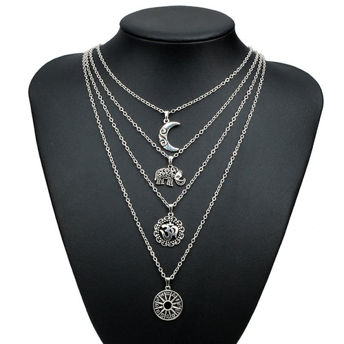 Vintage Bohemian Elephant Pendant Layered Choker Necklace