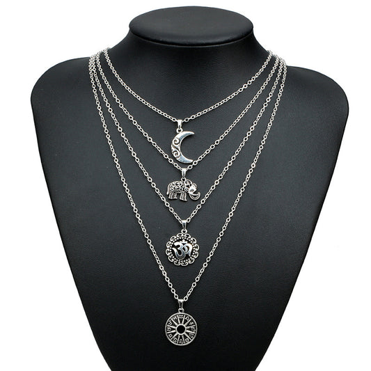 Vintage Bohemian Elephant Pendant Layered Choker Necklace