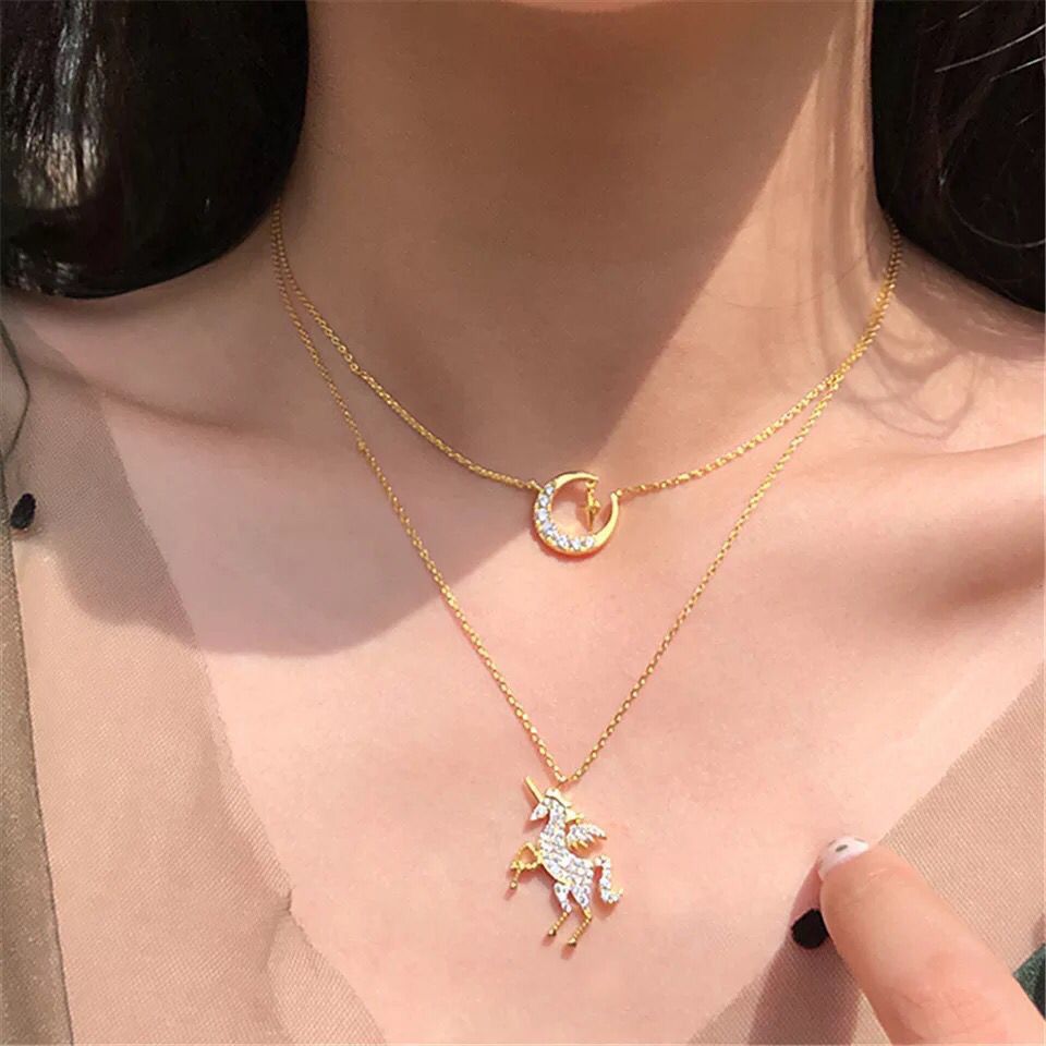 Unicorn Necklace, Starry Moon Layered Pendant Gift