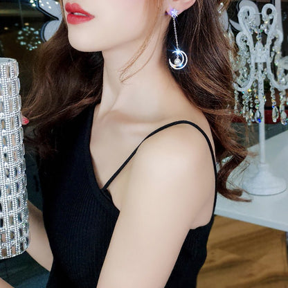 S925 Silver Asymmetrical Star and Moon Long Earrings