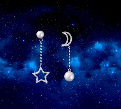 S925 Silver Asymmetric Star Moon Pearl Stud Earrings