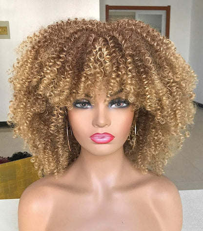 Curly Afro Wigs for Black Women Short Kinky Curly Wigs with Bangs 14inch Blonde Afro Hair Synthetic Fibre Wigs